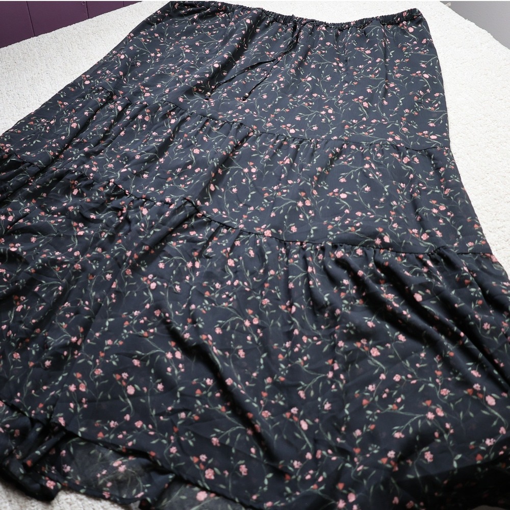 Ava & Viv Black Floral Tiered Maxi Skirt 2X NWT Elastic Waist Boho